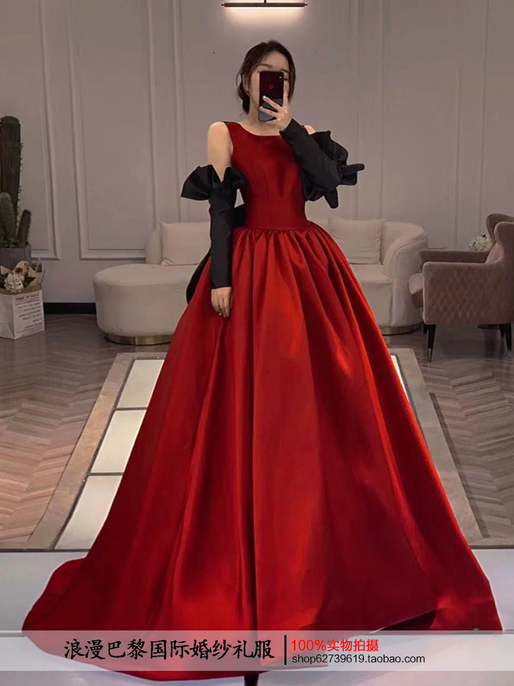 Red satin evening gown 2022 personality queen Breasted Bride Wedding Gala Dinner Atmospheric Drag Performance Fluffy Dress