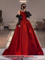 Red Satin Dinner dress 2023 sex queen wipes bride - wife wedding dinner atmospheric drag show puffy skirt