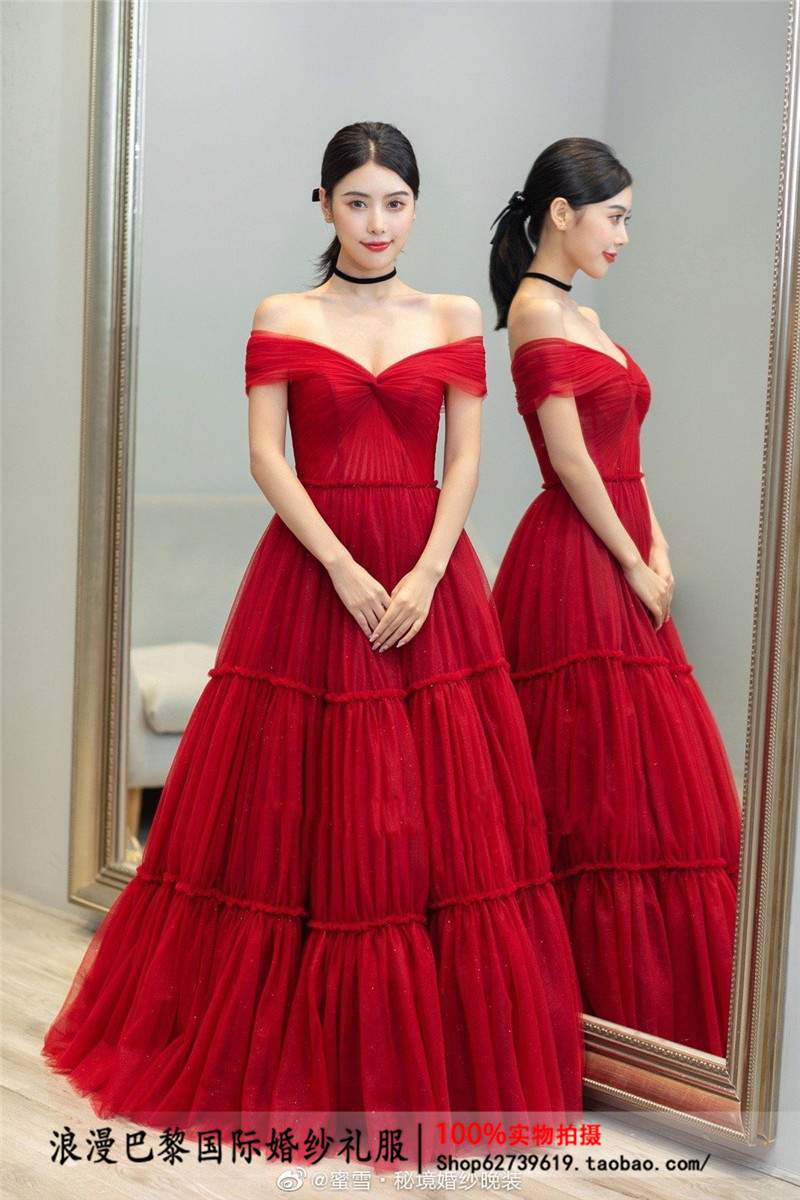 Shoulder red wedding dress bride wedding dinner toast taste fit menstruation dinner dress