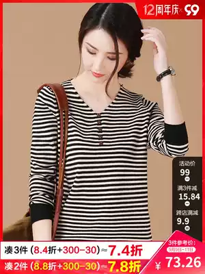 Han Chao Xiren striped sweater female 2021 Autumn New Korean long sleeve V-neck sweater loose pullover top