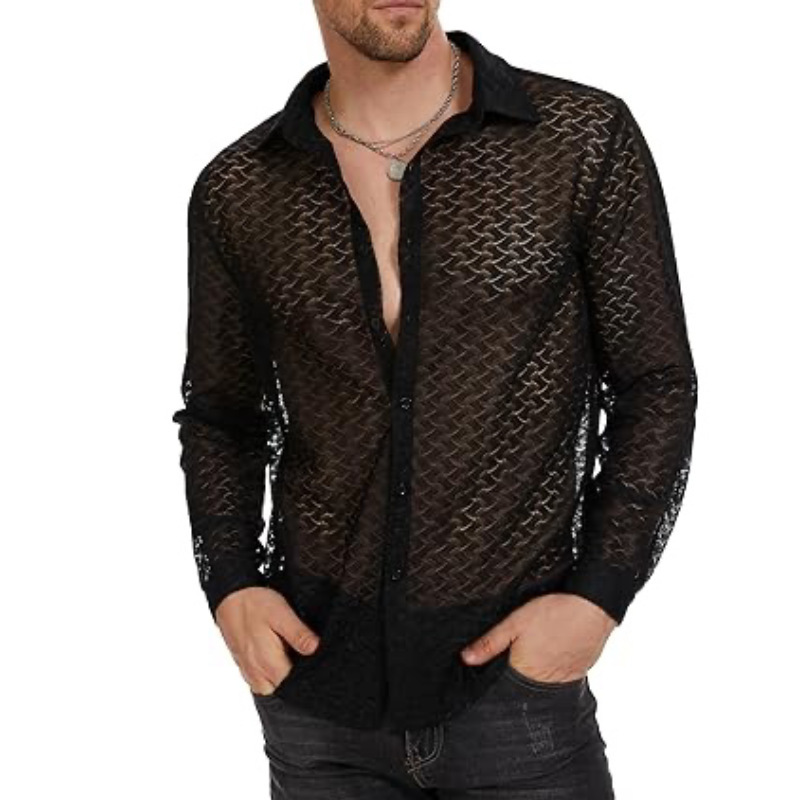 European and American New Style Men's Lace See-Through Shirt, Sexy Hollow Mesh Long-Sleeved Shirt, Casual Top Shirts