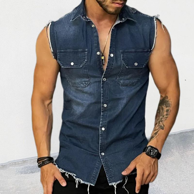 European and American Style Denim T-Shirt for Men, Amazon Lapel Sleeveless Cardigan Top, Muscle Tank Top, Men's Shirt, Vest for Men