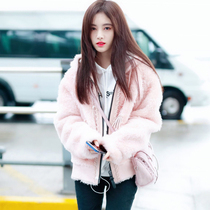 Bow Qian Yi Identical Clothes Pink Cashmere Lamb Wool Jacket Woman Autumn Winter 100 Lap Outside Wearing Thickened Fashion Looser