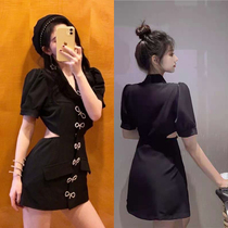 Star Bow with the same dress Women Summer Black Sexy dew Back Waist Suit Fake two spliced dress Dress Shirt