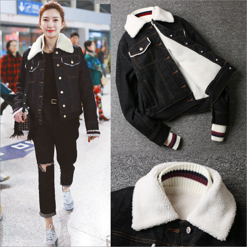 Star Jiang Shuying same style black denim lamb wool coat women's winter Korean version loose tide ins women's short bf style