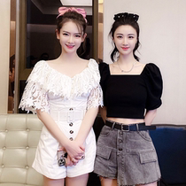 Weya direct sowing room Qi Wei Tongtong clothes white one-piece pants suit female summer dress square neck foam sleevy blouse jacket short