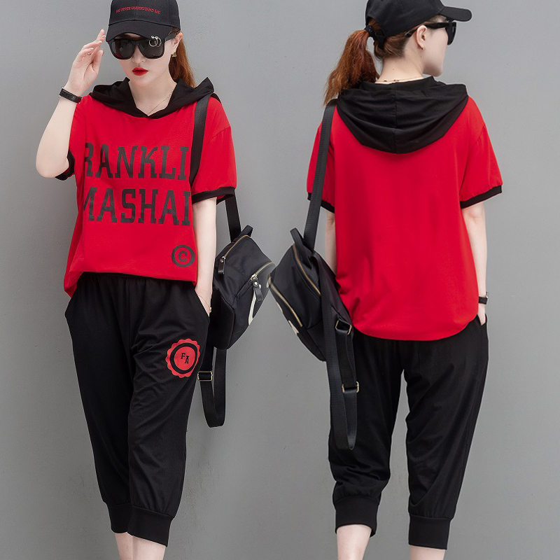 Summer Plus-Size Clothing for Fat Women, 100kg Casual Wear, Loose and Slimming Short-Sleeved Three-Quarter Pants Sports Suit for Women Summer Plus-Size Clothing for Fat Women, 100kg Casual Wear, Loose and Slimming Short-Sleeved Three-Quarter Pants Sports Suit for Women