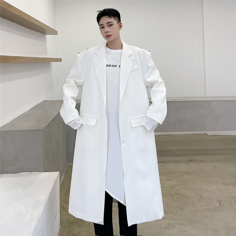 2025年初秋新作メンズウィンドブレーカーロング膝丈無地ショルダーバックル英国風ミドル丈ウィンドブレーカージャケットトレンド