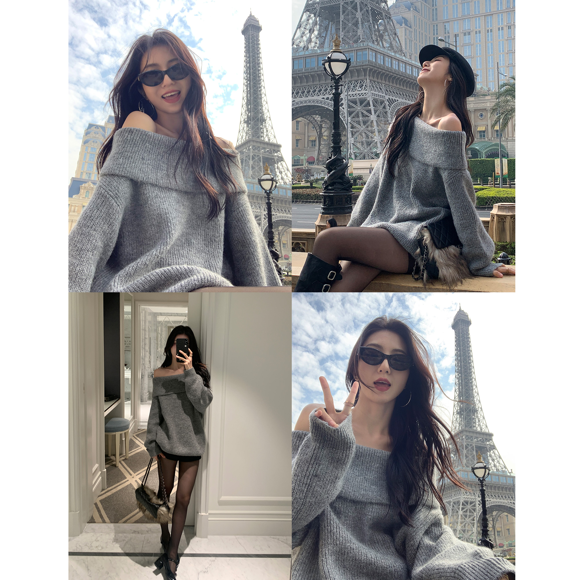 MULVAN ホワイト ワンショルダー セーター レディース 秋冬新作 高級 ゆったり ニット ミディアム丈 オフショルダー トップス