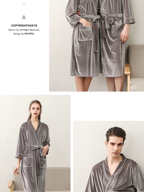 Áo ngủ mùa thu đôi kimono Nữ dài phần nhung vàng bốn mùa áo choàng tắm Nam Nhật Bản đồ ngủ bằng lụa băng pijama dài tay