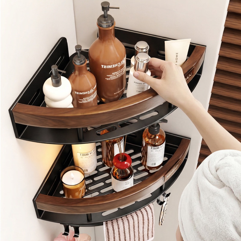 Walnut Bathroom Shelf, Wall-Mounted, No-Drill, Triangular Storage Rack for Bathroom Sink