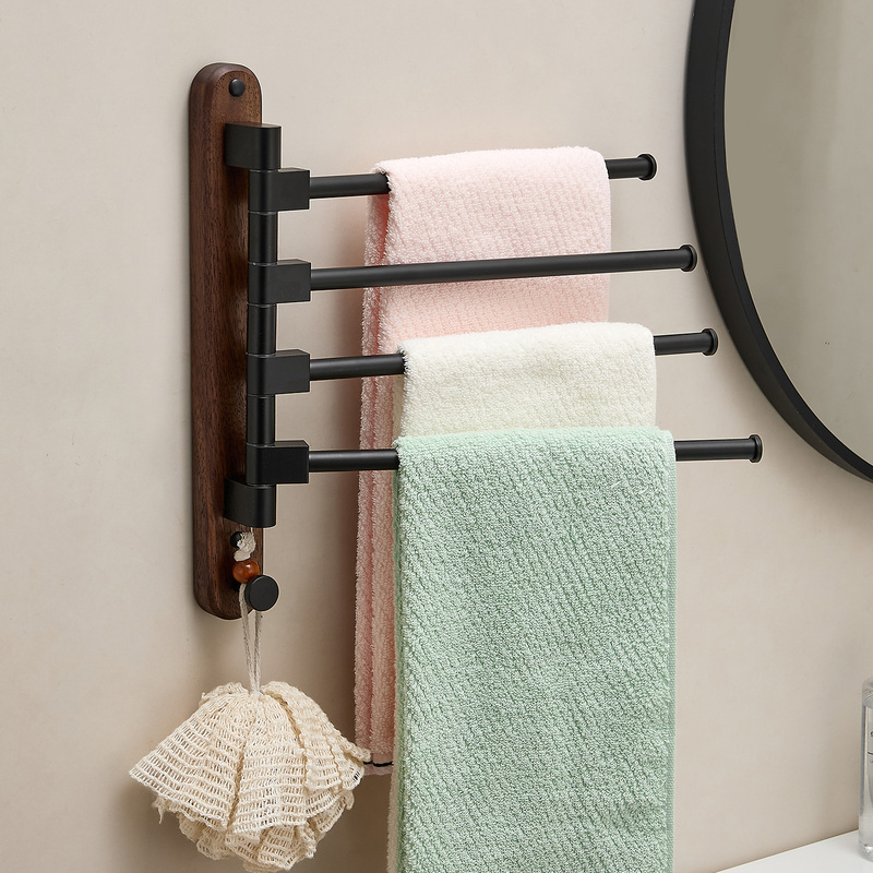 Walnut Wood Rotating Towel Rack, No-Drill Bathroom Wall-Mounted Folding Multi-Rod Storage Rack