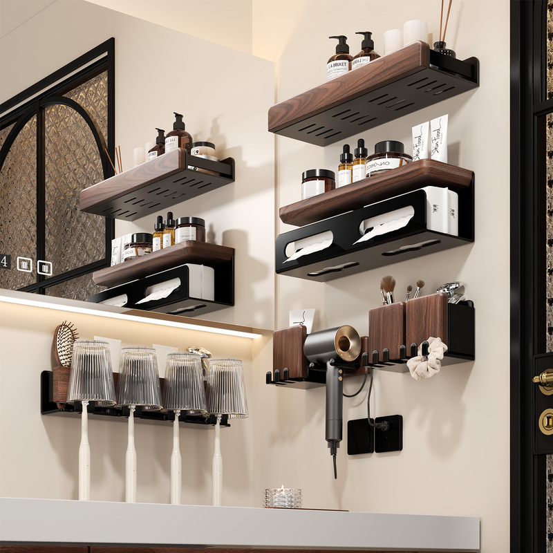 Walnut Bathroom Shelf, No-Drill Installation, Bathroom Hair Dryer Holder, Tissue and Toothbrush Storage Rack