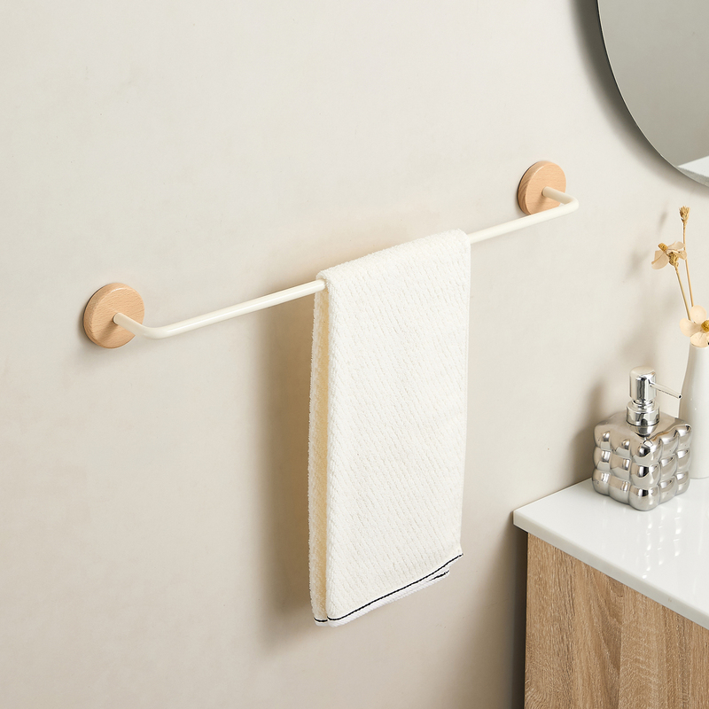 Solid Wood Cream-Style Bathroom Towel Rack, Punch-Free Wall-Mounted High-End Single Rod Storage Shelf for Drying Bath Towels