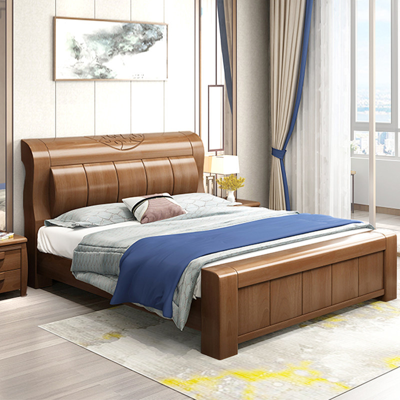 New Chinese full solid wood bed oak master bedroom 2 m 2 2 main bedroom with large bed modern minimalist double man bed 1 8 high box bed-Taobao