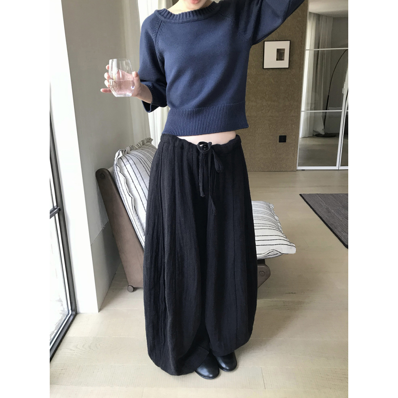 Zhong He · Black Linen Balloon Pants for Women, New Autumn Style, Loose Casual Pants, Cotton-Linen Blend Drawstring Long Pants