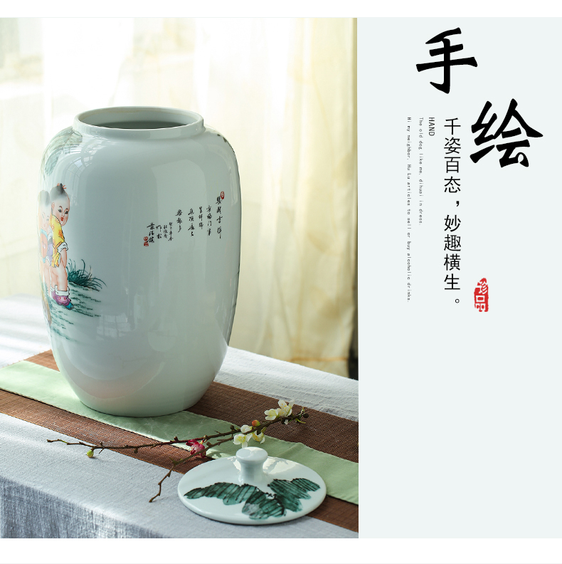 Hand - made jingdezhen ceramic barrel ricer 40 kg box pack household moistureproof tea urn cylinder oil tank of water meters storage jar with cover