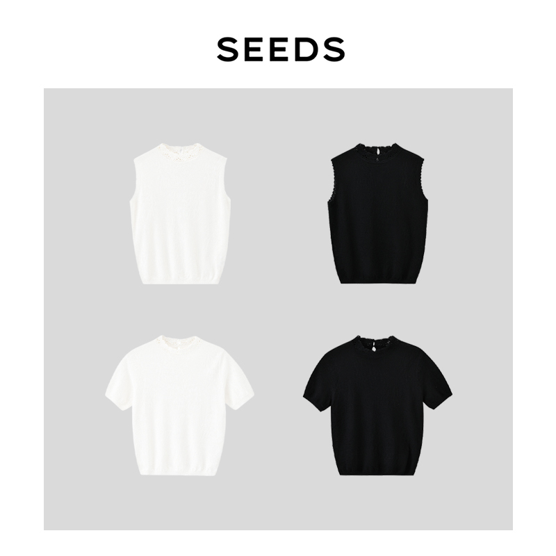 【White Tea】Seeds Acetate Cotton! Heavy Jacquard & Handmade Crochet Small Stand Collar Sleeveless + Short Sleeve Top