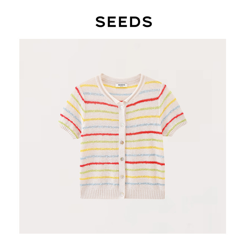 【Rainbow Roll】Seeds Hong Kong Upw Linen Cotton Fun and Youthful Rainbow Striped Thin Knitted Short-Sleeve Top