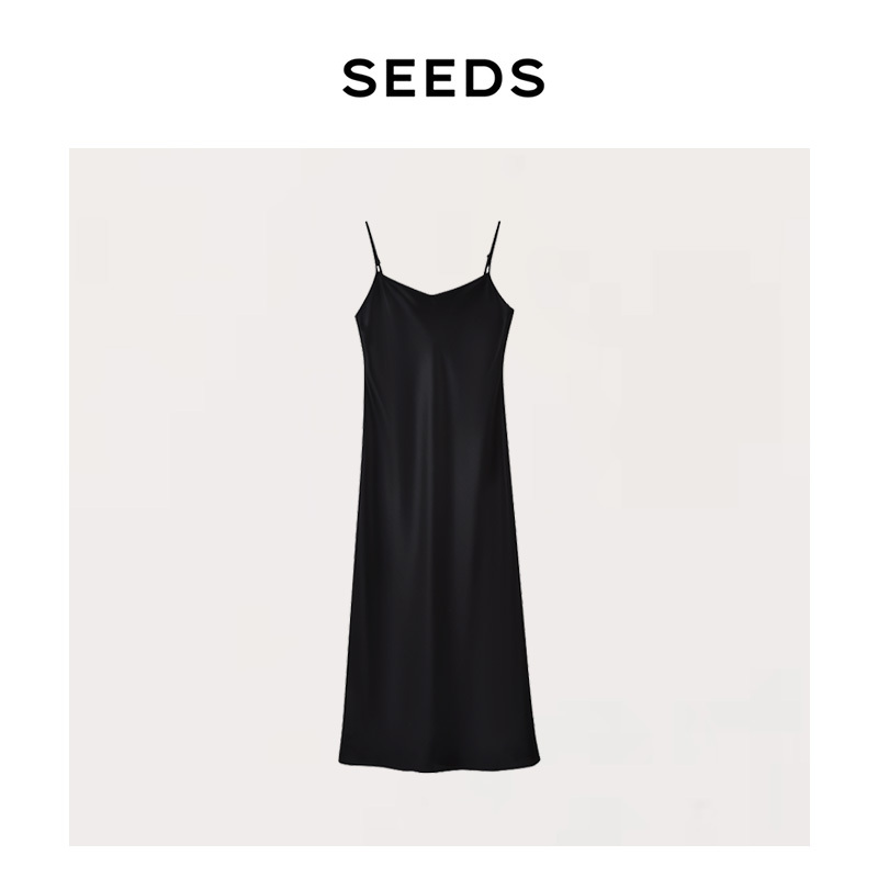 [Fashionable Out of the Circle] Seeds Heavyweight 100% Acetate Satin Glossy V Neck Suspender Dress