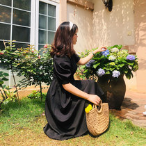 Meet home plus size womens summer new thin dress long dress fat mm retro foreign style bellflower small black dress