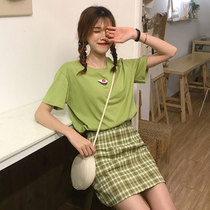 Plus size womens new slimming age-reducing Western style suit skirt Fat sister Avocado green T-shirt skirt two-piece set