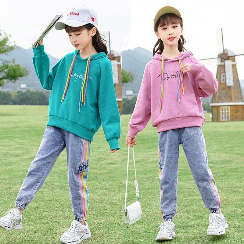 Girl Spring Autumn Denim Suit Foreign Pie Casual CUHK Boy 2021 New Letters Even Hat Sportsweatshirt Fashion Two Sets