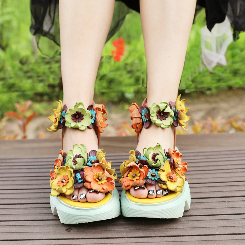 Thick-Soled Height-Increasing Floral-Decorated High-Top Women's Sandals, New Popular Summer Genuine Leather Open-Toe Sandals, High-Heeled Roman Shoes