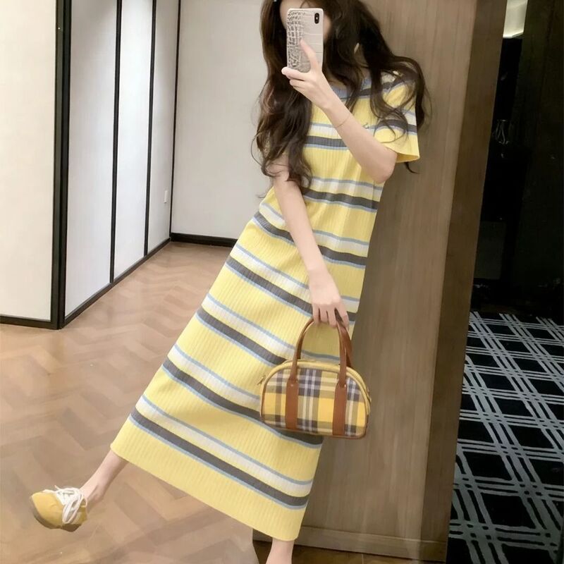 Maternity Wear Korean Style Fashionable and Sweet Dress Summer New Loose Slimming Yellow Knitted Mid-Length Dress