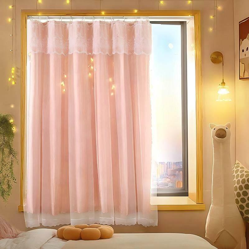 No-Drill Pink Lace Curtains for Bedroom, Blackout Style with Hanging Rings, Simple Modern Ready-Made Curtains, Full Blackout