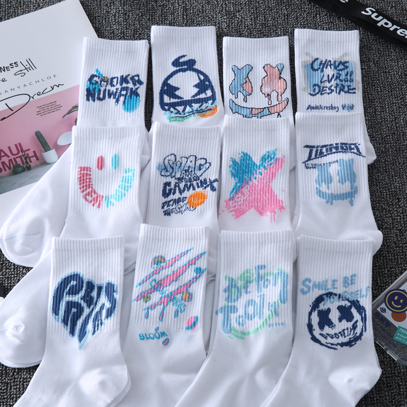 Socks Men Ins Tide Cards 100 Hitch White Middle Silo Socks Basketball Long Socks Men Sports Autumn Winter Style Stockings Doodles-Taobao