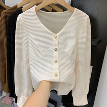 Pearl buckle V neck top women long sleeve 2021 Autumn New slim single-breasted Shirt small fragrant wind shirt