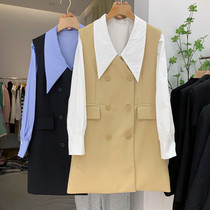 Double Row Buttoned Suit Skirt Woman Mid Length 2022 loose Thin Academy Wind Shirt Waistcoat Two Sets Dress Dress