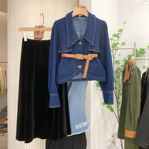 Denim Dress Dress Suit Woman Little Guy 2021 Fall Sashimi Slim Velvet Half Body Dress Jacket two-piece jacket