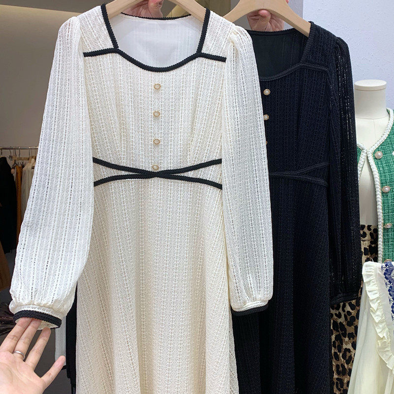 Long sleeve lace dress woman 2021 Early autumn new conspicoy slim fit waist long skirt with little fragrant wind and high waist a word skirt