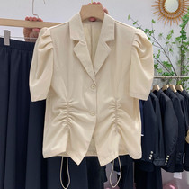 Drawstring shirt womens short sleeve 2021 summer new slim suit collar design sense waist top V collar shirt