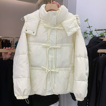 Even cap down clothes woman 2021 Winter new loose Lean Lacing Butterfly Knot Thickened Warm White Duck Suede Jacket
