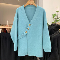 Skew Buckle Stitch Cardigan 2022 Spring New Loose slim v collar Lazy Sweater Sweater Design Sensation Blouse Cardigan