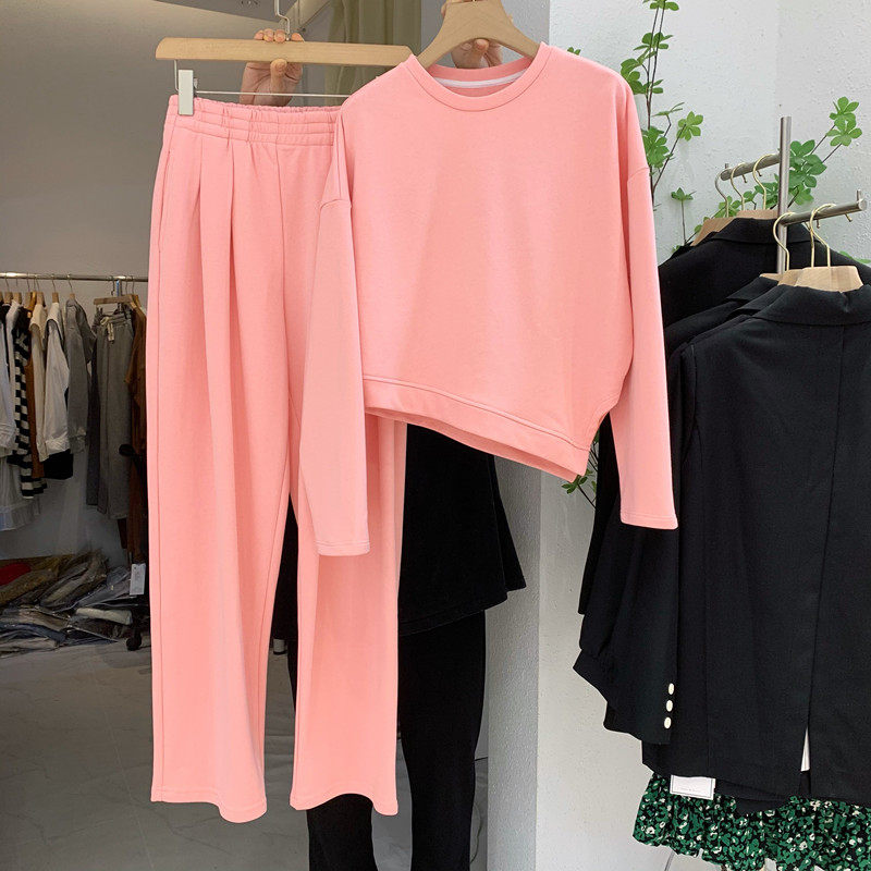 Irregular Motion Suit Woman 2022 Spring loose Thin Round Collar Thick Cotton T Blouse Straight Barrel Pants Two Sets