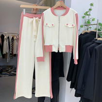 Collision Color Light Core Suede Sports Suit Women Running 2022 Spring loose zipped open shirt wide leg pants Two pieces