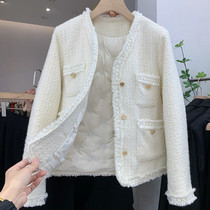 v collar coarse floral with little fragrant wind jacket Female thickened 2021 Winter new body Body Slim White Duck Down Down Clothes Woman