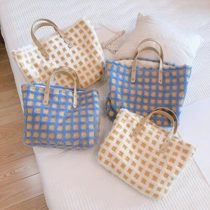 Home portable large and small warm plaid lamb wool handbag bag for women literary simple winter trendy style