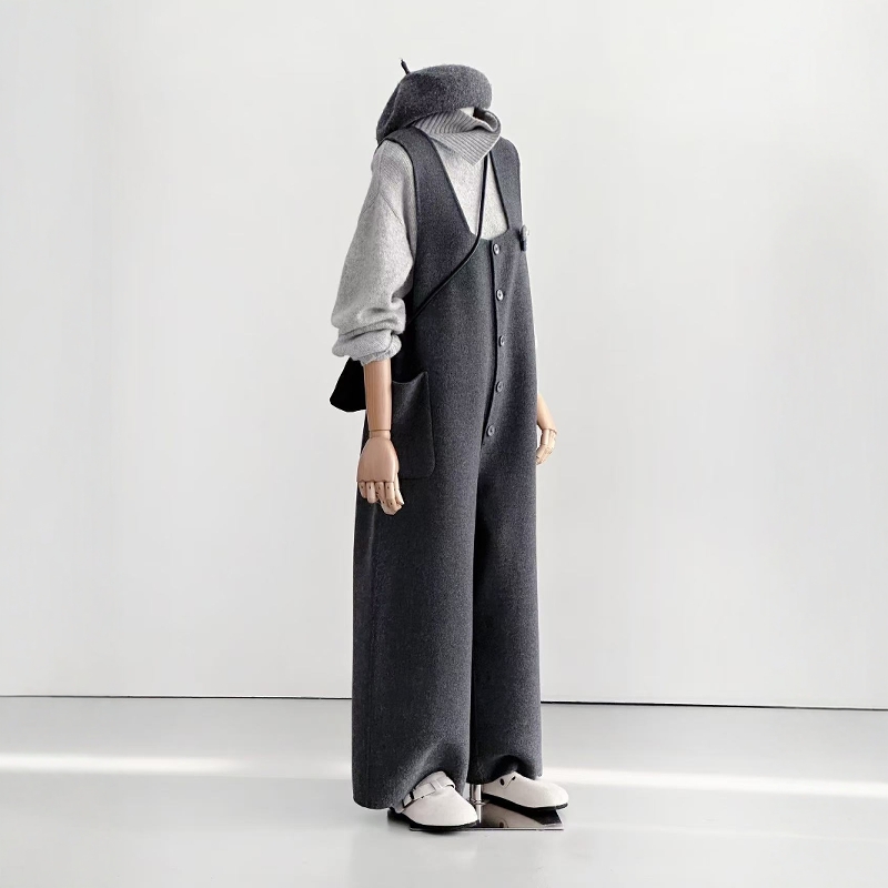 秋冬グレー多用途年齢軽減小両面ウールオーバーオールレディース韓国ウールジャンプスーツワイドレッグパンツ