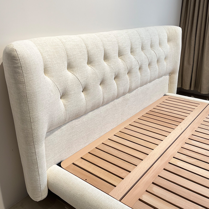 French-Style Retro Fabric Bed, Modern Minimalist Cream-Style Floating Bed, Master Bedroom Wedding Bed, Beech Wood Slatted Frame Double Bed French-Style Retro Fabric Bed, Modern Minimalist Cream-Style Floating Bed, Master Bedroom Wedding Bed, Beech Wood Slatted Frame Double Bed