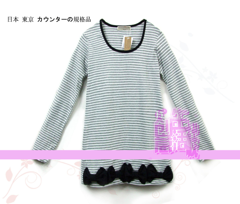 Japanese-Style Long-Sleeve Navy Striped Cotton T-Shirt with 3D Bow Decoration at the Hem, Base Layer Shirt Japanese-Style Long-Sleeve Navy Striped Cotton T-Shirt with 3D Bow Decoration at the Hem, Base Layer Shirt