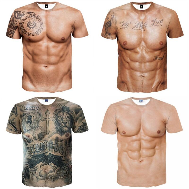 Creative Funny Tattoo Muscle Clothing Trendy Men's T-Shirt 3D Stereo Pattern Personalized Fake Abs Chest Muscle Short-Sleeved T-Shirt