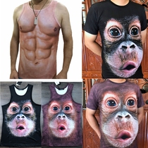 Funny doodle mouth net red gorilla t-shirt vest 3d star clothes Short sleeve spoof shaking sound monkey fat big size T