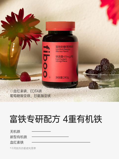Fiboo Iron-Rich Gummies Vitality Iron with Iron Elements for Women and Pregnant Women, Berry Flavor, Official Product