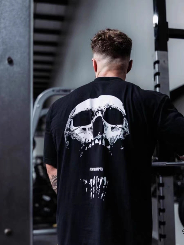 Chris Bodybuilding Loose-Fitting Pure Cotton Men's Summer Muscle Fitness Training American-Style Skull Short-Sleeve T-Shirt Heavyweight