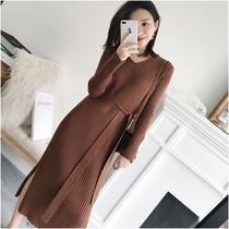 European station 2021 autumn new long knitted dress women long sleeve knee waist waist slim bottom sweater skirt